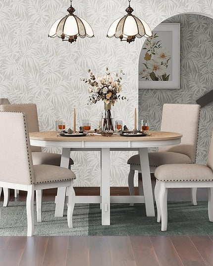 RITSU 5-Piece Farmhouse Round Retractable Table Set with 4 Upholstered Dining Chairs, Copper Ingot Trim, MDF and Rubber Wood for Living Room, Apartment, Antique White, 58inch - LeafyLoom