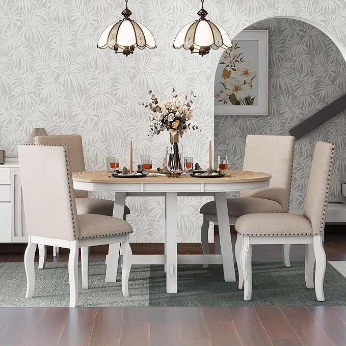RITSU 5-Piece Farmhouse Round Retractable Table Set with 4 Upholstered Dining Chairs, Copper Ingot Trim, MDF and Rubber Wood for Living Room, Apartment, Antique White, 58inch - LeafyLoom