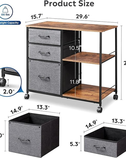 DEVAISE 3 Drawer Mobile File Cabinet, Rolling Printer Stand with Open Storage Shelf, Fabric Lateral Filing Cabinet fits A4 or Letter Size for Home Office, Rustic Brown - LeafyLoom