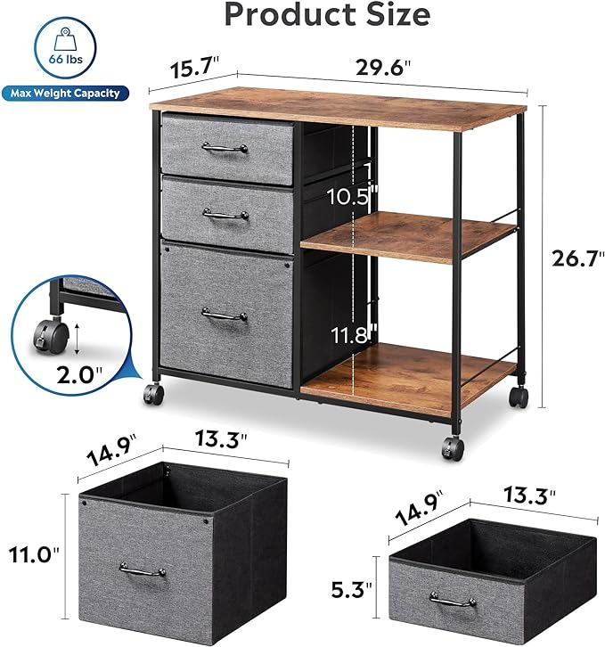 DEVAISE 3 Drawer Mobile File Cabinet, Rolling Printer Stand with Open Storage Shelf, Fabric Lateral Filing Cabinet fits A4 or Letter Size for Home Office, Rustic Brown - LeafyLoom