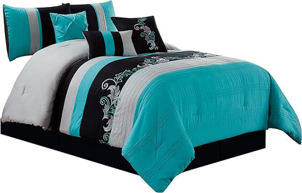Chezmoi Collection Napa 7-Piece Luxury Leaves Scroll Embroidery Bedding Comforter Set (Queen, Teal Blue/Gray/Black) - LeafyLoom