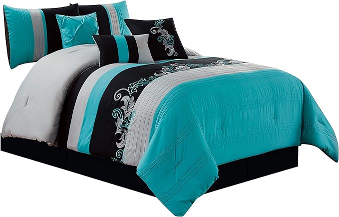 Chezmoi Collection Napa 7-Piece Luxury Leaves Scroll Embroidery Bedding Comforter Set (Queen, Teal Blue/Gray/Black) - LeafyLoom