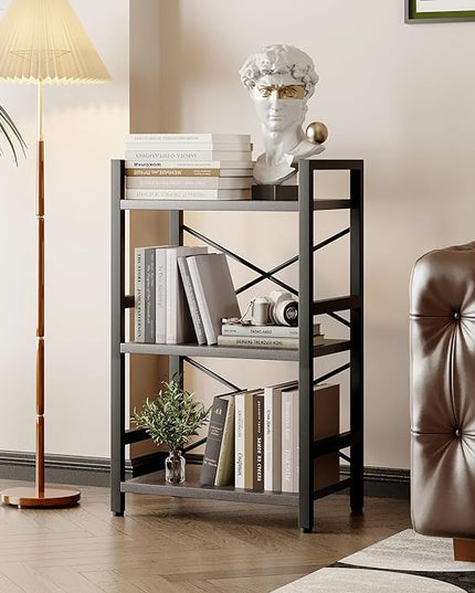 Bookshelf, 3 Tier Industrial Bookcase, Metal Small Bookcase, Rustic Etagere Book Shelf Storage Organizer for Living Room, Bedroom, and Home Office(Grey) Patent Pending D29873033 - LeafyLoom