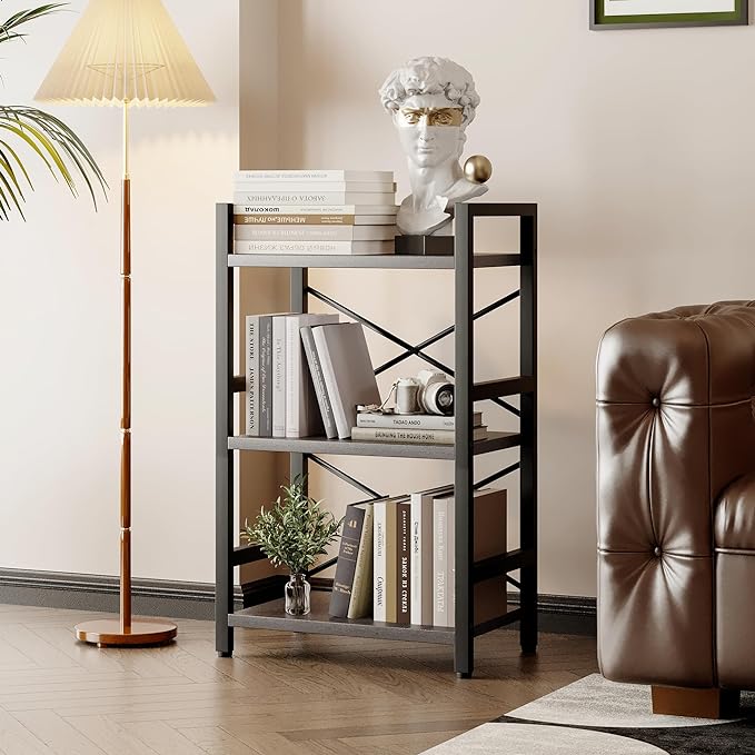 Bookshelf, 3 Tier Industrial Bookcase, Metal Small Bookcase, Rustic Etagere Book Shelf Storage Organizer for Living Room, Bedroom, and Home Office(Grey) Patent Pending D29873033 - LeafyLoom