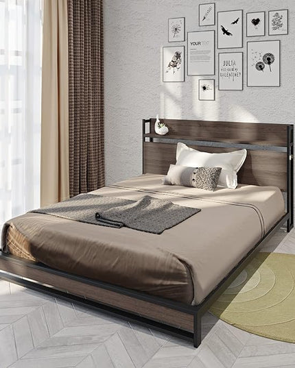 Queen Size Metal Platform Bed Frame with Wooden Headboard,Built-in Socket, Fast Assemble Design,No Box Spring Needed,Bedroom Furniture,Black - LeafyLoom