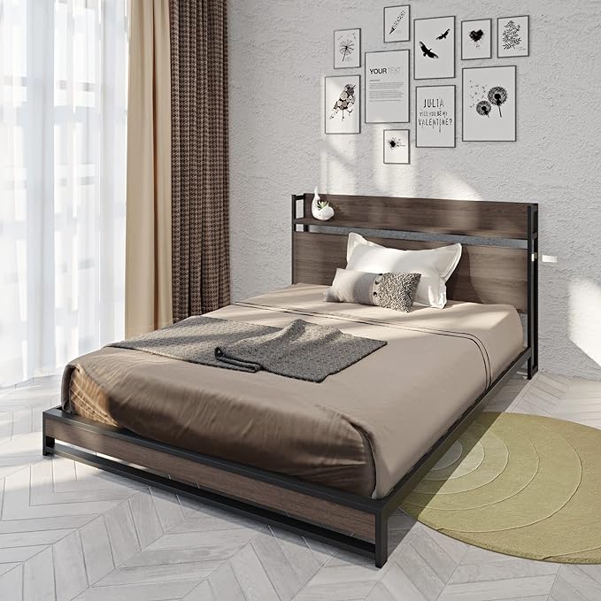 Queen Size Metal Platform Bed Frame with Wooden Headboard,Built-in Socket, Fast Assemble Design,No Box Spring Needed,Bedroom Furniture,Black - LeafyLoom