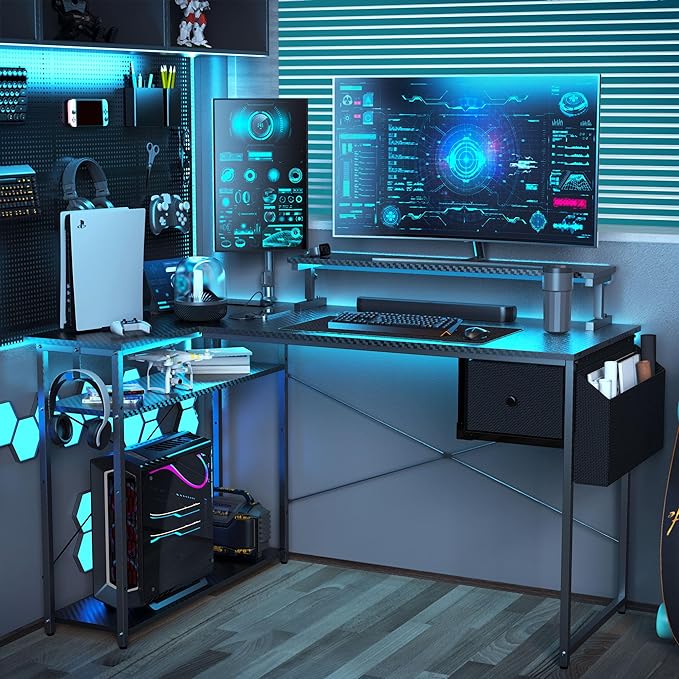 L Shaped Gaming Desk, 55 Inch Computer Desk with Adjustable Stand & RGB Lights, Corner Desk for Power Outlet, Carbon Fiber Texture, Gaming Room - LeafyLoom