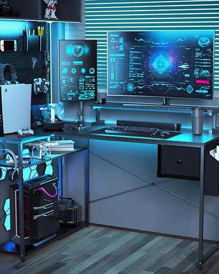 L Shaped Gaming Desk, 63 Inch Computer Desk with Adjustable Stand & RGB Lights, Corner Desk for Power Outlet, Carbon Fiber Texture, Gaming Room - LeafyLoom