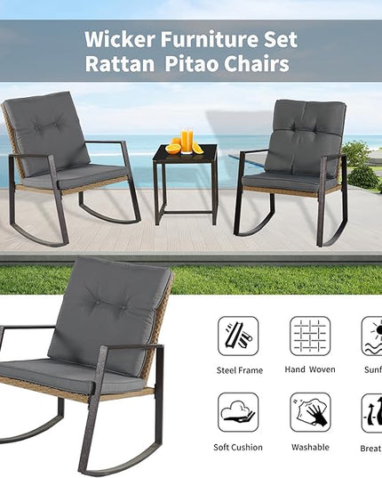 3 Pieces Rocking Chairs Set Balcony Furniture Conversation Sets with Outdoor Table and Chairs,Washable Cushion for Porch,balcony,Garden,Backyard,Poolside Grey - LeafyLoom