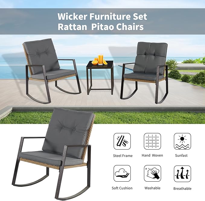 3 Pieces Rocking Chairs Set Balcony Furniture Conversation Sets with Outdoor Table and Chairs,Washable Cushion for Porch,balcony,Garden,Backyard,Poolside Grey - LeafyLoom