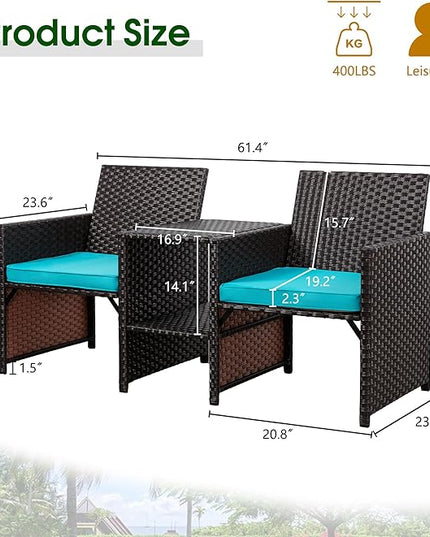 Shintenchi Wicker Patio Conversation Furniture Set with Detachable Chairs & Table and Two Removable Cushions,Rattan Wicker Lover Chair for Patio,Garden, Courtyard and Lawn Backyard (Blue) - LeafyLoom