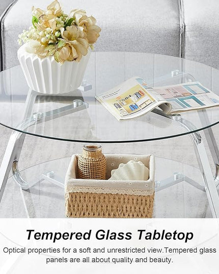 HOMBAZAAR Glass Coffee Table, Modern Coffee Table with Metal Frame and Tempered Glass Tabletop, 2-Tier Chrome Round Center Table for Living Room, Meeting Room, Silver - LeafyLoom