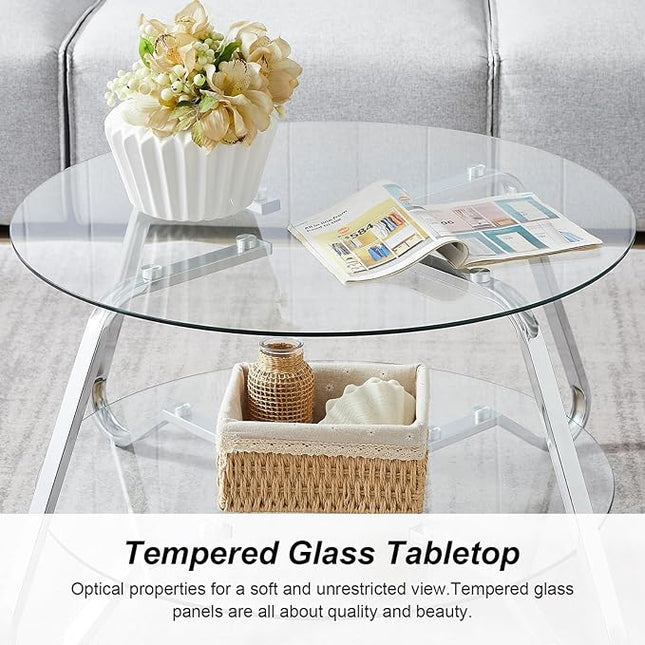 HOMBAZAAR Glass Coffee Table, Modern Coffee Table with Metal Frame and Tempered Glass Tabletop, 2-Tier Chrome Round Center Table for Living Room, Meeting Room, Silver - LeafyLoom