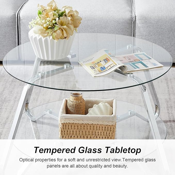 HOMBAZAAR Glass Coffee Table, Modern Coffee Table with Metal Frame and Tempered Glass Tabletop, 2-Tier Chrome Round Center Table for Living Room, Meeting Room, Silver - LeafyLoom