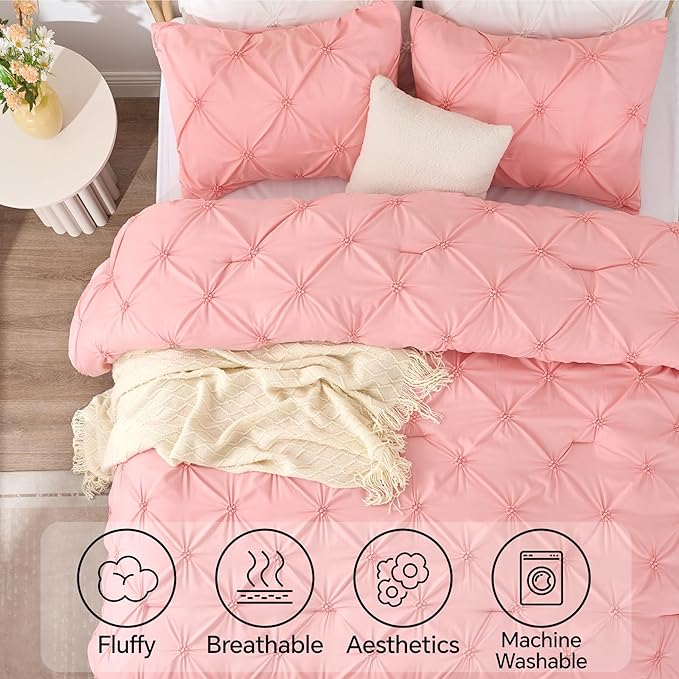 BEDELITE Pink Twin Comforter Set for Girls - 2 Peices Boho Pintuck Bedding Comforter Sets, Lightweight Soft & Warm Twin Bedding Sets with 1 Pillowcase for All Season - LeafyLoom