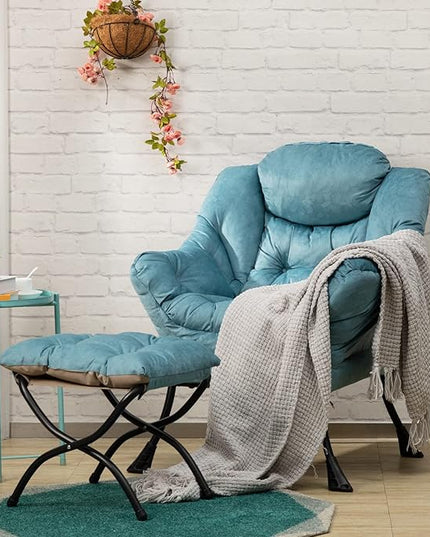 AbocoFur Fabric Lazy Chair with Foldable Ottoman, Accent Comfy Lounge Arm Chair and Folding Footrest Stool Set, Leisure Sofa Reading Chair and Footstool for Living Room, Bedroom, Dorm, Blue - LeafyLoom