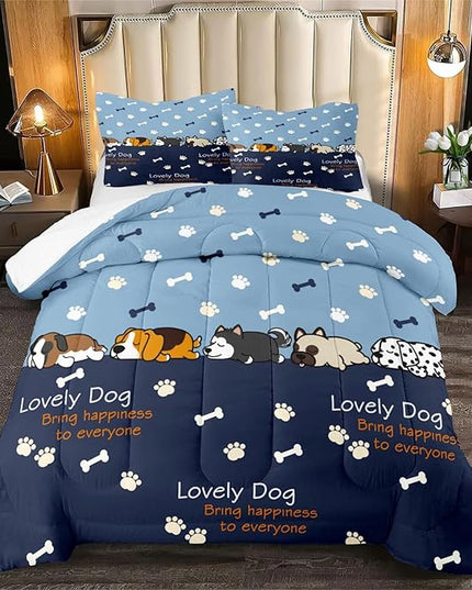 Bedding Set, 3Pcs Cartoon Dog Comforter Set for Boys, Queen Size, Lovely Puppy Patterns, Fun Animal Lover Quilt with 2 Pillowcases - LeafyLoom