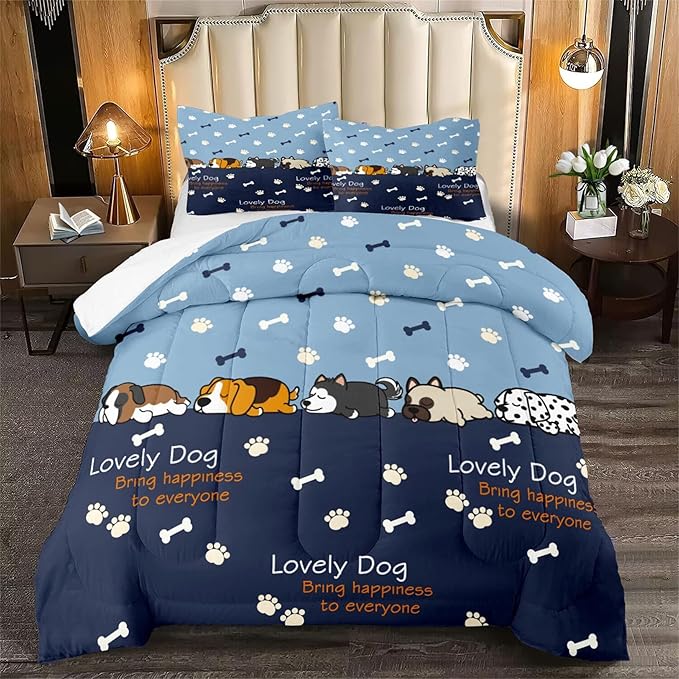 Bedding Set, 3Pcs Cartoon Dog Comforter Set for Boys, Queen Size, Lovely Puppy Patterns, Fun Animal Lover Quilt with 2 Pillowcases - LeafyLoom
