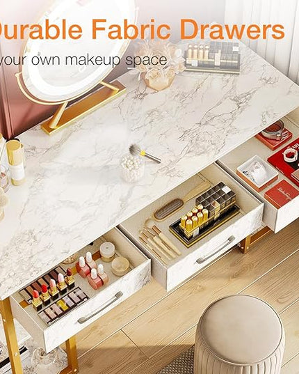 ODK Vanity Desk with Fabric Drawers & Storage Shelves, Makeup Dressing Table, Home Office Desks for Bedroom, Modern Writing Desk,White Marble and Gold Leg, 48"x16" (No Mirror) - LeafyLoom
