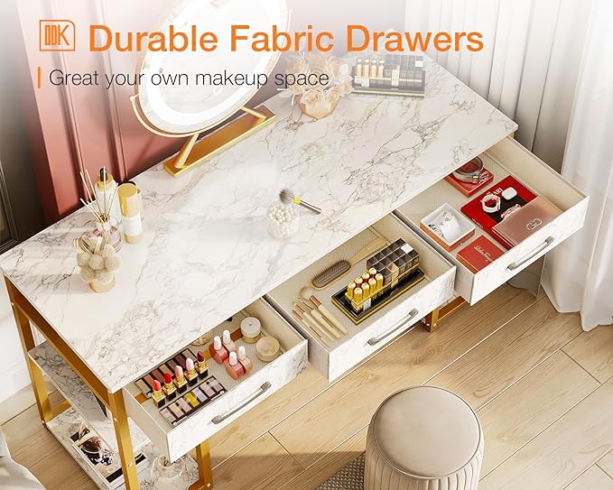 ODK Vanity Desk with Fabric Drawers & Storage Shelves, Makeup Dressing Table, Home Office Desks for Bedroom, Modern Writing Desk,White Marble and Gold Leg, 48"x16" (No Mirror) - LeafyLoom