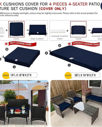 ClawsCover 3Pack Outdoor Seat Cushions Replacement Covers Fit for 4 Pieces Wicker Rattan Furniture Patio Conversation Set Loveseat Chair,38x19x2,19x19x2,Navy-Large (Include Cover Only) - LeafyLoom