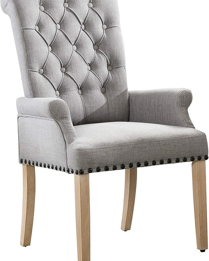 Dining Room Chairs with Arms,Tufted Upholstered High Back Nailed Trim with Untique Oak Wood Legs for Kitchen Restaurant Room Bedroom,Smoke Grey - LeafyLoom