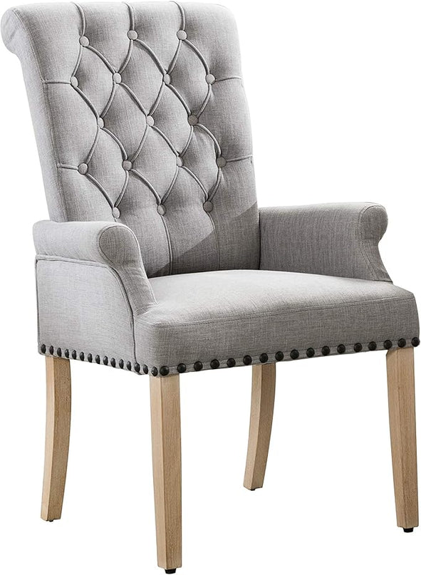 Dining Room Chairs with Arms,Tufted Upholstered High Back Nailed Trim with Untique Oak Wood Legs for Kitchen Restaurant Room Bedroom,Smoke Grey - LeafyLoom