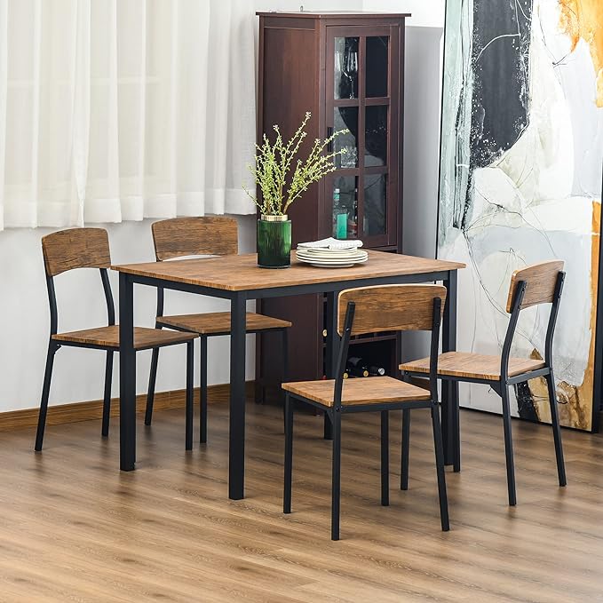 NicBex Small Dining Table Set for 4 Bar Table and Chairs Set 5 Piece Industrial Dining Table Set for 4, Rectangular Kitchen Table and Chairs, Dining Room Set for Small Space, Rustic Brown - LeafyLoom