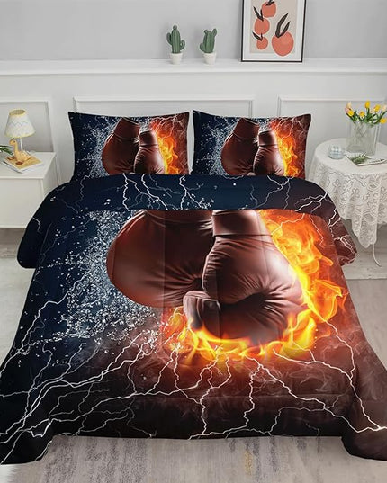 Axolotl Boxing Bedding Set Twin,Sports Theme Comforter Set Boxing Gloves Pattern Bedding Set,Red Blue Cool Lightning Comforter Pugilism Games Bedding Set for Kids Boys Teens Men,1 Quilt 2 Pillowcases - LeafyLoom