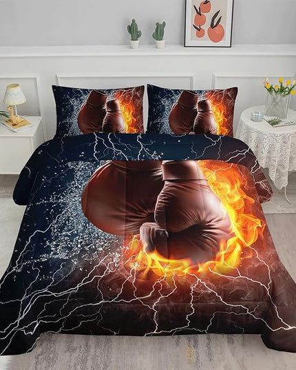 Axolotl Boxing Bedding Set Queen,Sports Theme Comforter Set Boxing Gloves Pattern Bedding Set,Red Blue Cool Lightning Comforter Pugilism Games Bedding Set For Kids Boys Teens Men,1 Quilt 2 Pillowcases - LeafyLoom