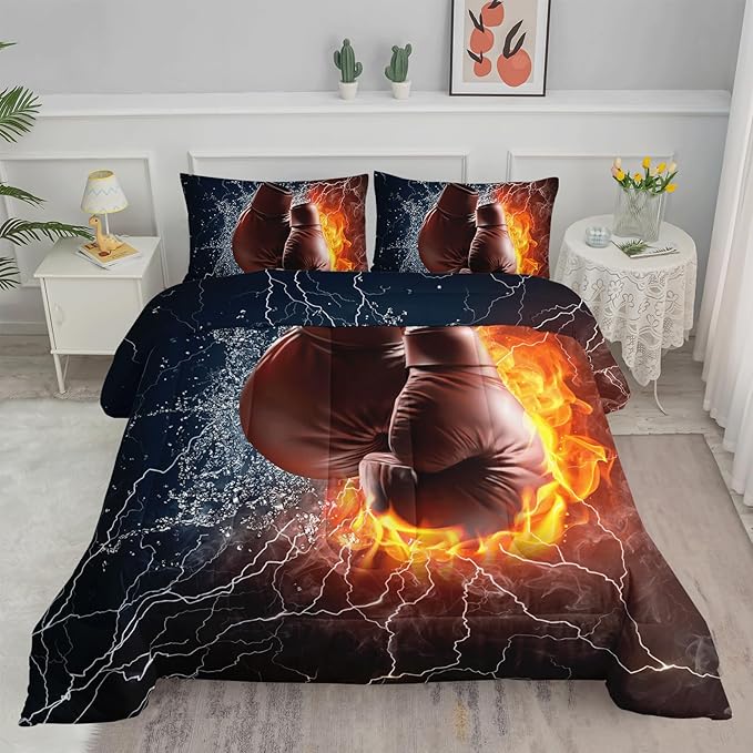 Axolotl Boxing Bedding Set Full,Sports Theme Comforter Set Boxing Gloves Pattern Bedding Set,Red Blue Cool Lightning Comforter Pugilism Games Bedding Set for Kids Boys Teens Men,1 Quilt 2 Pillowcases - LeafyLoom