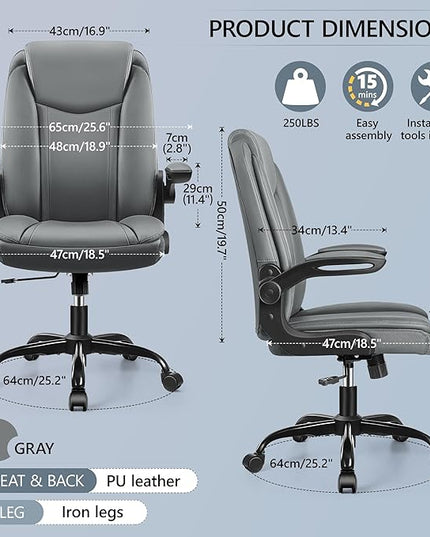 Office Chair Ergonomic Computer Desk Chair, Executive Leather Office Chair with Adjustable Flip-up Armrests Height, Swivel Task Chair with Lumbar Support Rocking Function for Home Office(Gray) - LeafyLoom