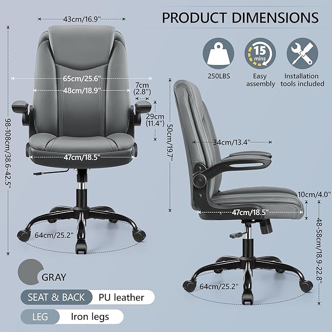 Office Chair Ergonomic Computer Desk Chair, Executive Leather Office Chair with Adjustable Flip-up Armrests Height, Swivel Task Chair with Lumbar Support Rocking Function for Home Office(Gray) - LeafyLoom
