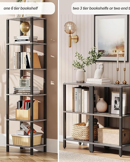 TUTOTAK Bookshelf, 6-Tier Tall Book Shelf, Narrow Bookcase for Small Space, DIY Stackable Bookshelf, for Living Room, Office, Study, Entryway, Industrial, Greige and Black BS01BG006 - LeafyLoom
