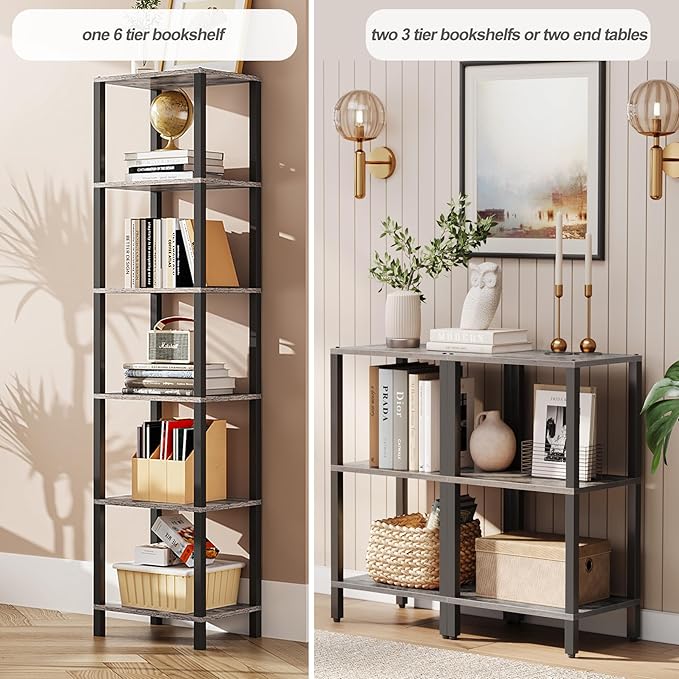 TUTOTAK Bookshelf, 6-Tier Tall Book Shelf, Narrow Bookcase for Small Space, DIY Stackable Bookshelf, for Living Room, Office, Study, Entryway, Industrial, Greige and Black BS01BG006 - LeafyLoom