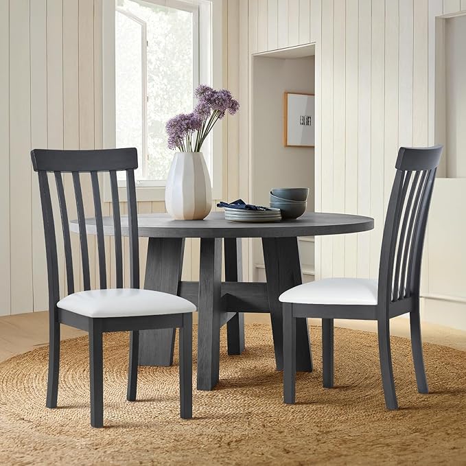 COLAMY Wooden Dining Chairs Set of 2, PU Leather Dining Room Kitchen Side Chair with Spindle High Back and Adjustable Foot Pegs - Grey - LeafyLoom