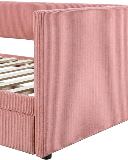 Twin Size Upholstered Daybed with 2 Storage Drawers, Corduroy Sofa Bed Frame for Living Room, Bedroom, Wood Slat Support, Pink - LeafyLoom
