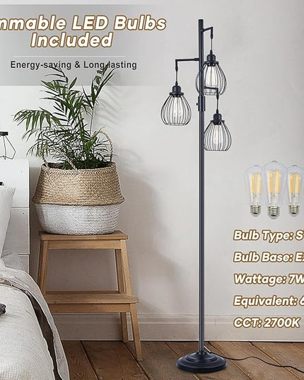68.5” Dimmable Floor Lamp, Industrial Farmhouse Floor Lamps with Elegant Teardrop Cages, Rustic Floor Lamps Black Tall Vintage Pole Lamps for Living Room Bedroom Office, 3 LED Bulbs Included - LeafyLoom