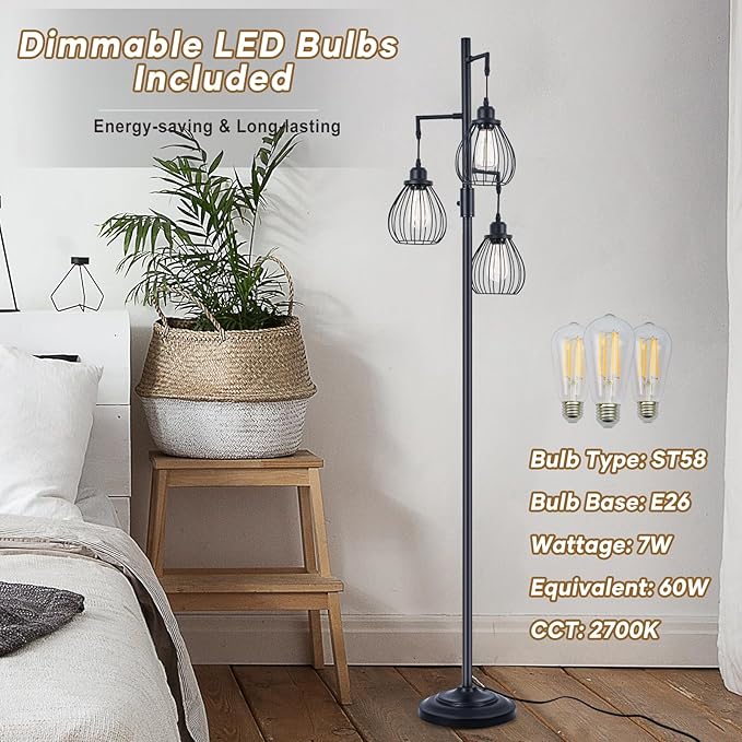 68.5” Dimmable Floor Lamp, Industrial Farmhouse Floor Lamps with Elegant Teardrop Cages, Rustic Floor Lamps Black Tall Vintage Pole Lamps for Living Room Bedroom Office, 3 LED Bulbs Included - LeafyLoom