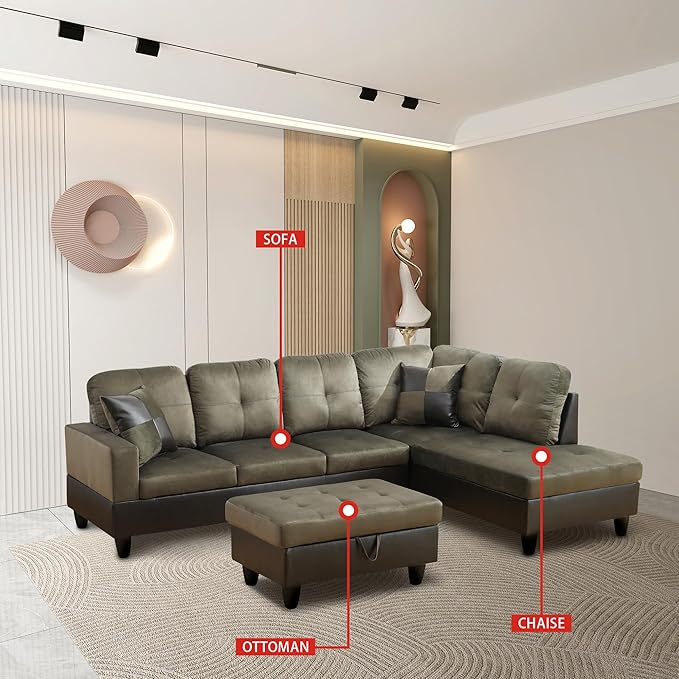 ROOMTEC 3 Piece L Shaped Sectional Sofa Set with Storage Ottoman, Right Facing Chaise Longue, Reversible Backrest w/ 2 Cup Holders, Flannel Tufted Cushions, for Living Room, Taupe - LeafyLoom