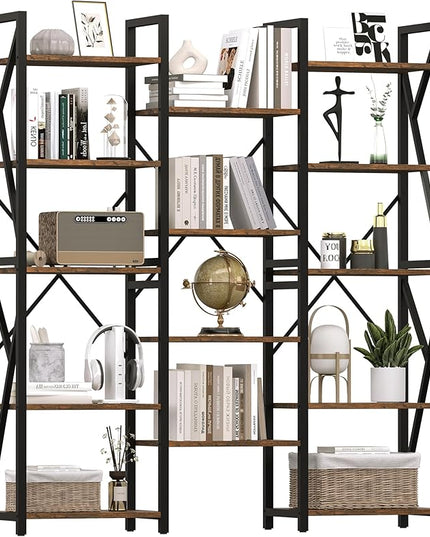 GAOMON Triple Wide 5 Tier Book Shelf, 70.8” Tall Bookcase with 14 Open Shelves, Large Industrial Bookshelves and Bookcases with Metal Frame for Home Office, Study Room, Living Room-Rustic Brown - LeafyLoom