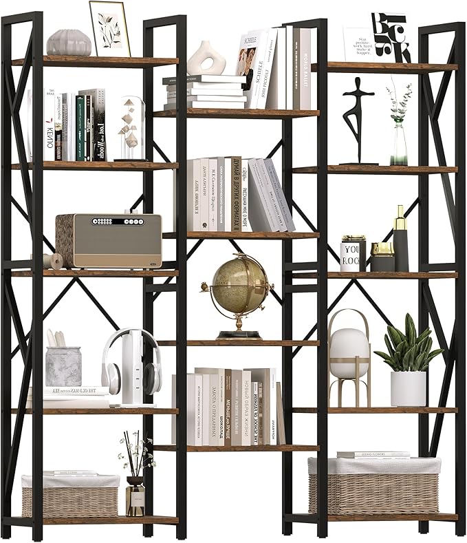 GAOMON Triple Wide 5 Tier Book Shelf, 70.8” Tall Bookcase with 14 Open Shelves, Large Industrial Bookshelves and Bookcases with Metal Frame for Home Office, Study Room, Living Room-Rustic Brown - LeafyLoom