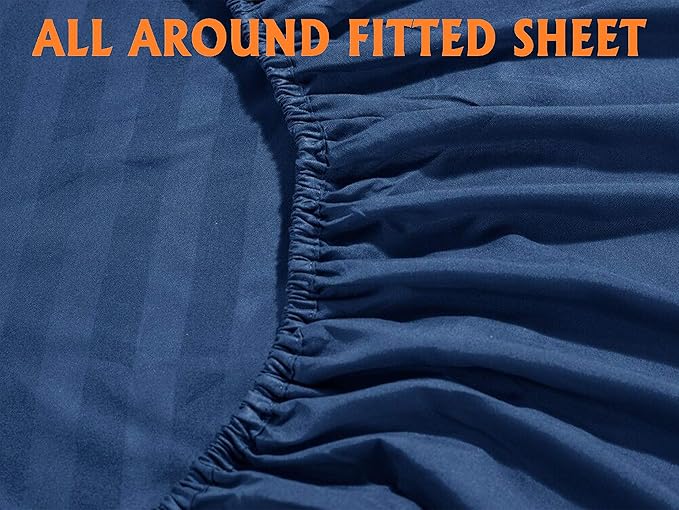 Elegant Comfort Best, Softest, Coziest 6-Piece Sheet Sets! - 1500 Premier Hotel Quality Luxurious Wrinkle Resistant 6-Piece DAMASK STRIPE Bed Sheet Set, King Navy Blue - LeafyLoom