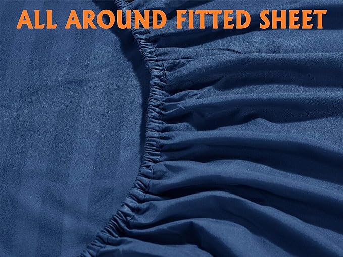 Elegant Comfort Best, Softest, Coziest 6-Piece Sheet Sets! - 1500 Premier Hotel Quality Luxurious Wrinkle Resistant 6-Piece DAMASK STRIPE Bed Sheet Set, Queen Navy Blue - LeafyLoom