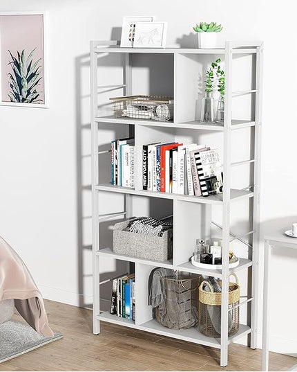 armocity White Bookshelf 5 Tier Tall Industrial Bookcase Wood Metal Frame Standing Book Shelf, Display Bookshelves Storage Organizer for Bedroom Living Room Home Office, White - LeafyLoom