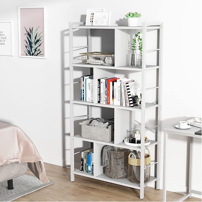 armocity White Bookshelf 5 Tier Tall Industrial Bookcase Wood Metal Frame Standing Book Shelf, Display Bookshelves Storage Organizer for Bedroom Living Room Home Office, White - LeafyLoom