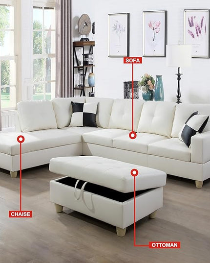 ROOMTEC Button L Shape 3 Piece Sectional Sofa Set, Upholstered Corner Couch with Storage Ottoman, Faux Leather Tufted Cushions, for Living Room, Apartment, 103inch, White w/Left Chaise Lounge - LeafyLoom