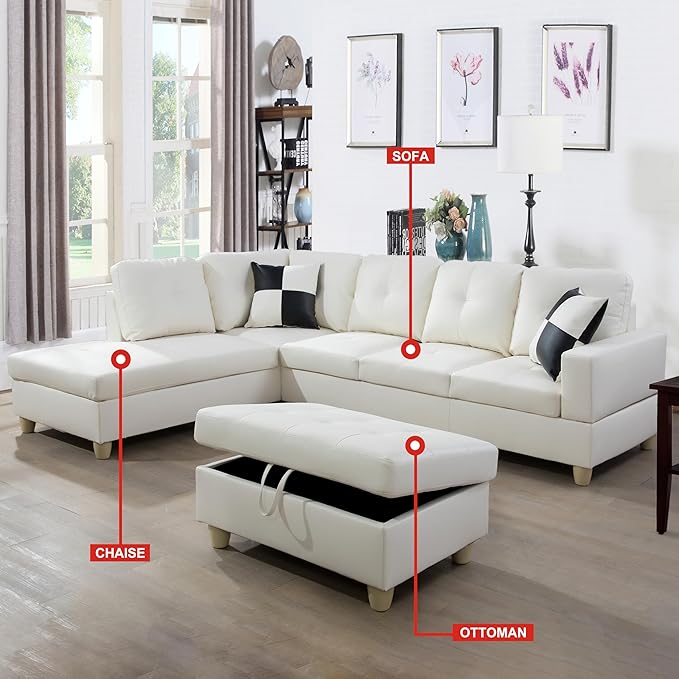 ROOMTEC Button L Shape 3 Piece Sectional Sofa Set, Upholstered Corner Couch with Storage Ottoman, Faux Leather Tufted Cushions, for Living Room, Apartment, 103inch, White w/Left Chaise Lounge - LeafyLoom