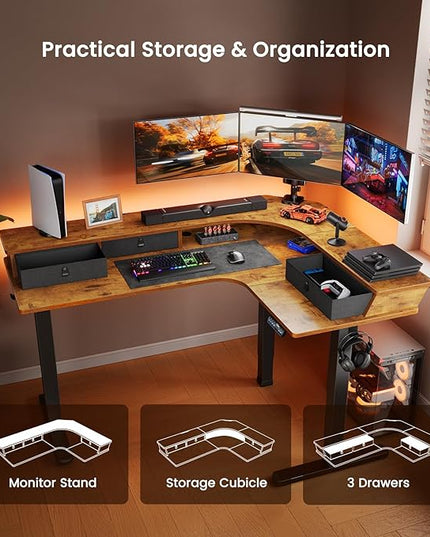 ErGear 65″ L Shaped Standing Desk for Gaming, [3 Drawers & 2 Cable Management Trays] Corner Stand up Desk w/Monitor Shelf Height Adjustable for Home Office, Vintage Brown - LeafyLoom