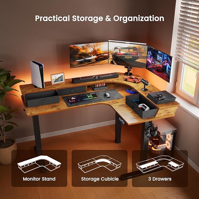 ErGear 65″ L Shaped Standing Desk for Gaming, [3 Drawers & 2 Cable Management Trays] Corner Stand up Desk w/Monitor Shelf Height Adjustable for Home Office, Vintage Brown - LeafyLoom